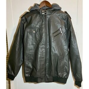 Men's Size Large Gray Faux Leather Bomber Jacket Hood Grunge Moto Full‎ Zip Warm